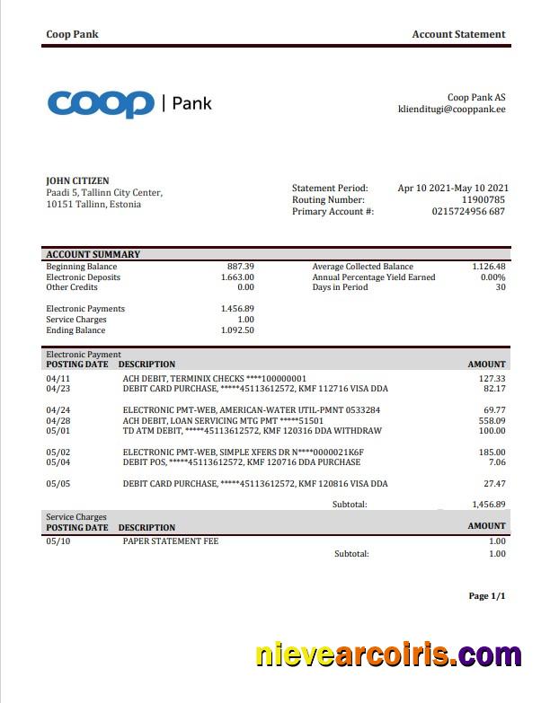 Estonia Coop Pank proof of address bank statement in Word and PDF format